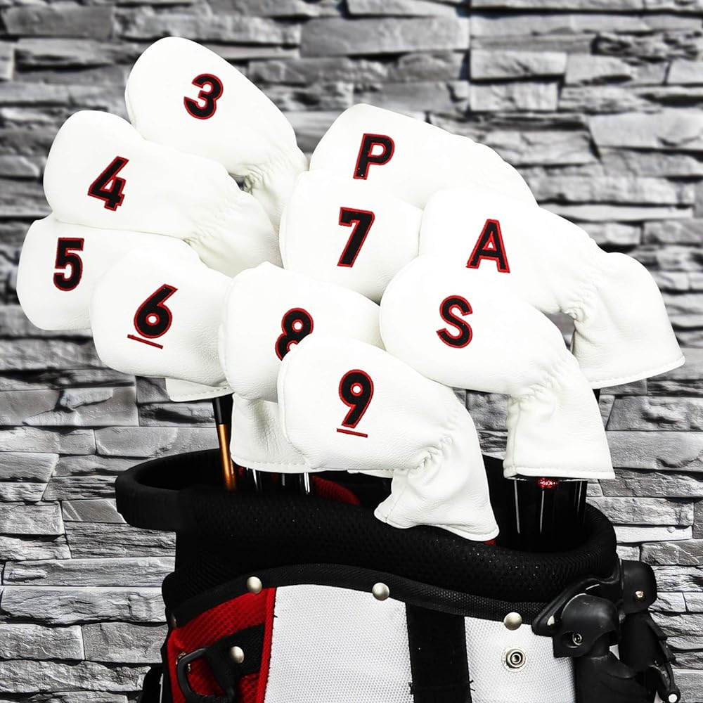 Golf head cover wedge cover 48°50°52°54°56°58°60°62° Set of 8 Iron covers 10 pieces (3-9,P,A,S) Elastic closure Double-sided number embroidery For both left and right Green/Red Long Neck white synthetic leather