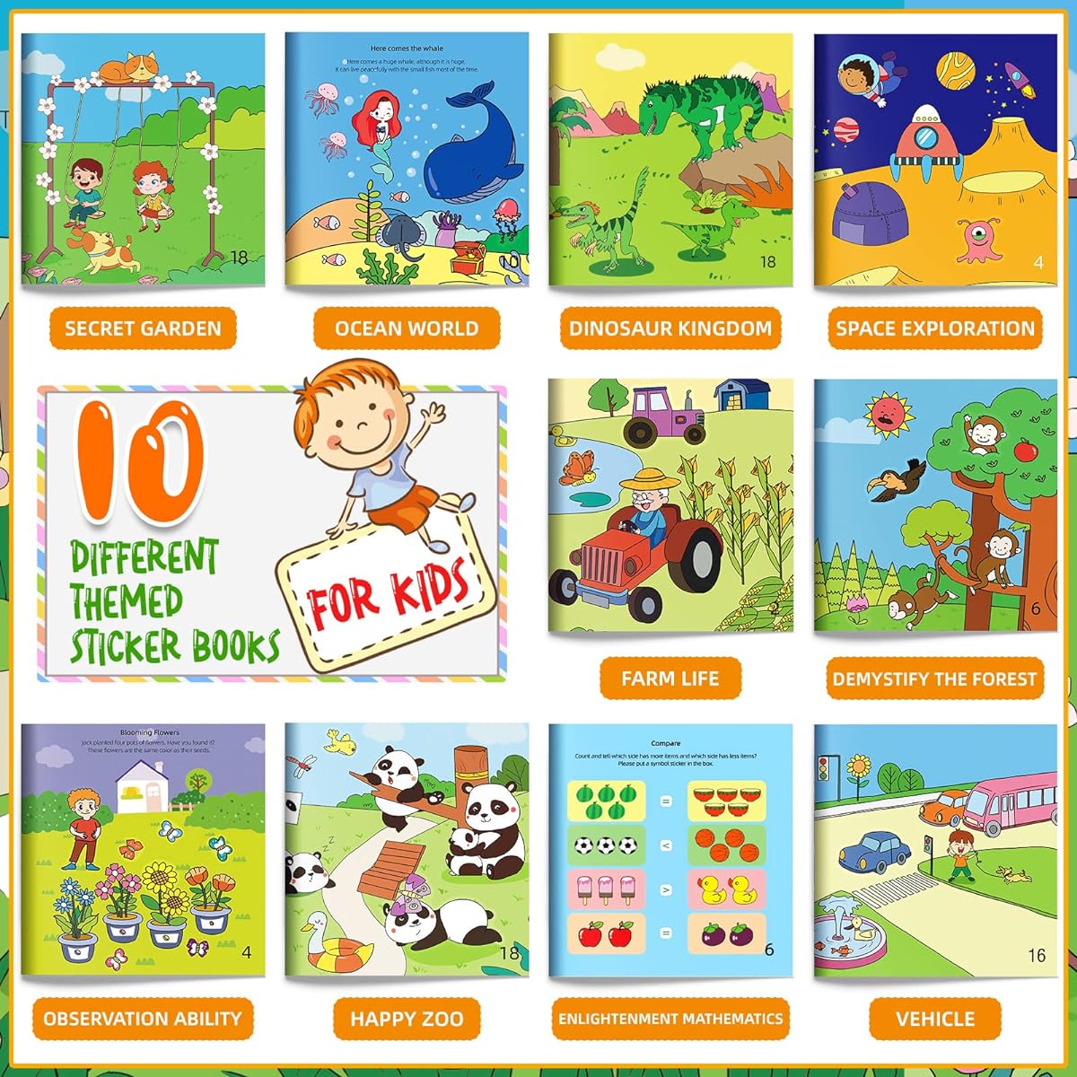 Pack of 10 sticker books for kids.