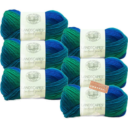 Lion Brand Yarn - Landscape - 6 Pack with Needle Gauge (Blue Lagoon)