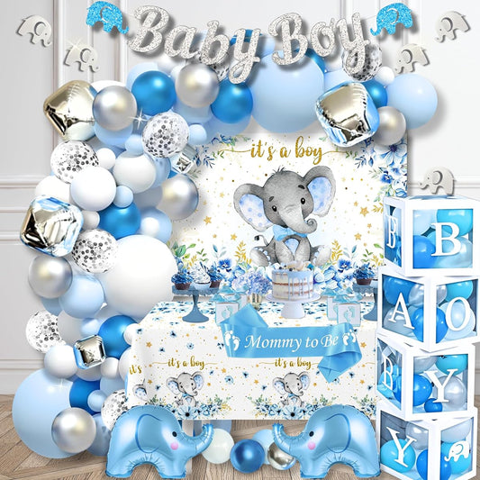 176 Pieces Baby Shower Decorations for Boy/Birthday/Boy 2 in 1 Set - Balloon Garland Arch, Balloon Box and Banner Elephant Baby Shower Birthday Decorations