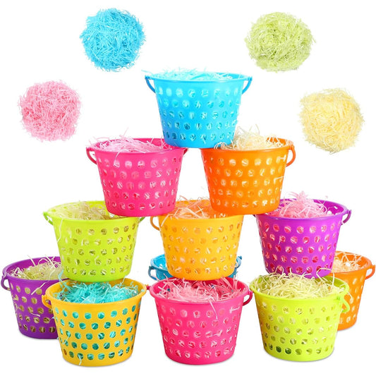 24 Plastic Easter Baskets 320g Raffia Paper Grass Easter Bulk Easter Small Buckets for Kids Egg Hunt Easter Party Favors