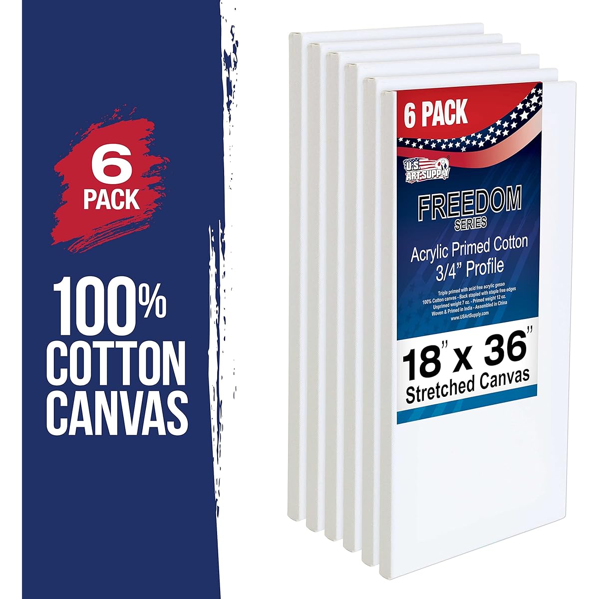 U.S. Art Supply 18 x 36" Stretched Canvas 12oz Triple Prime 6 Pack Professional Artist Quality White Blank 3/4" Profile 100% Cotton Heavy Weight Gesso Acrylic Pouring Oil Painting