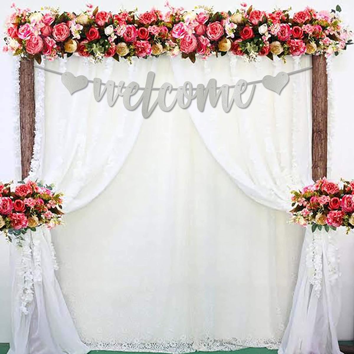 Inkdotpot Pre-Assembled Cursive Bunting Flags Metallic Silver Welcome Banner for Baby Shower Wedding Bachelorette Birthday Party Supplies Silver PA-911899-IMS-BUNMS-19A