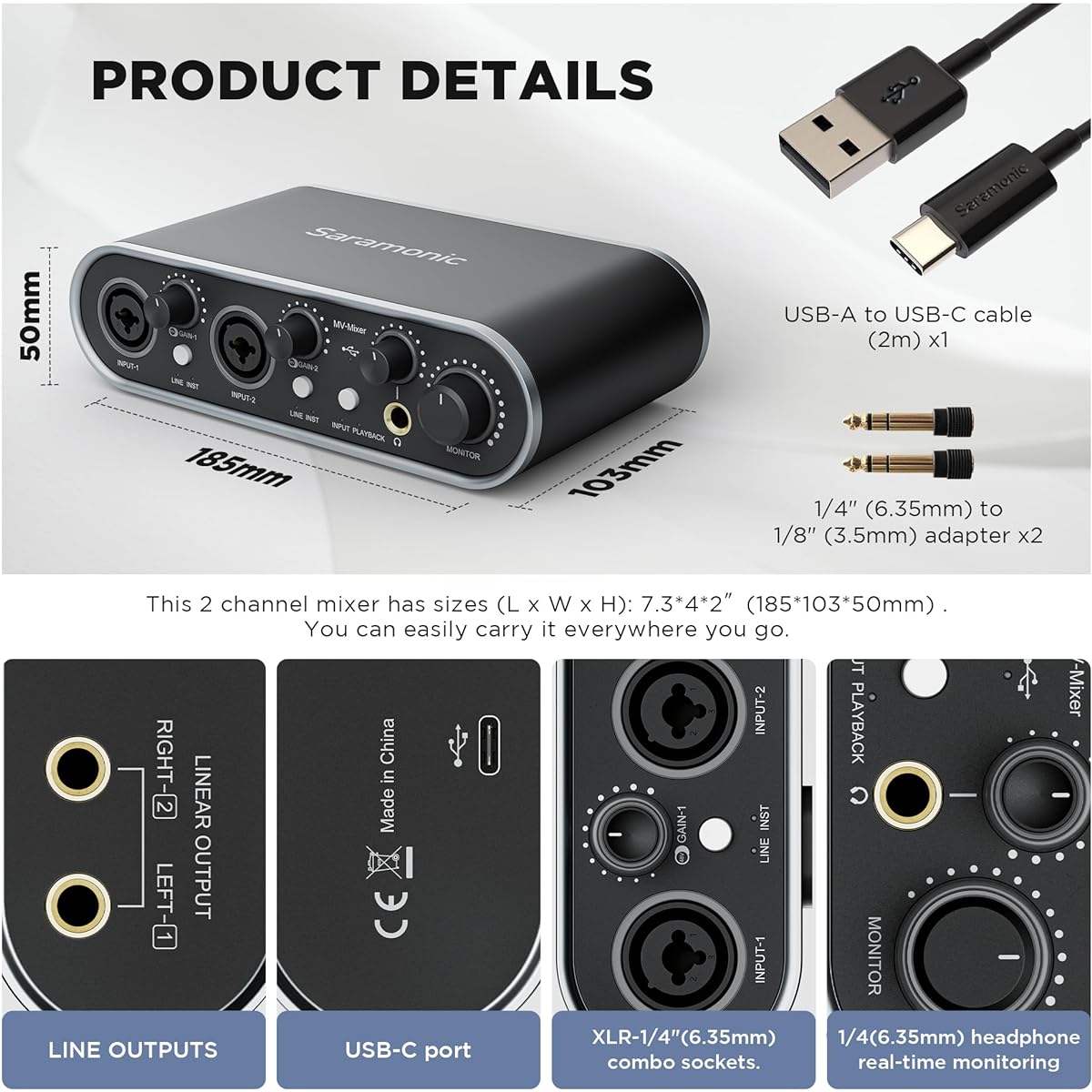 Saramonic MV-Mixer Dual Channel XLR Audio Interface Mixer Mac PC Recording Studio Singer Musician Podcaster Guitar Sound Equipment Real-time Playback Monitoring Music Production Software