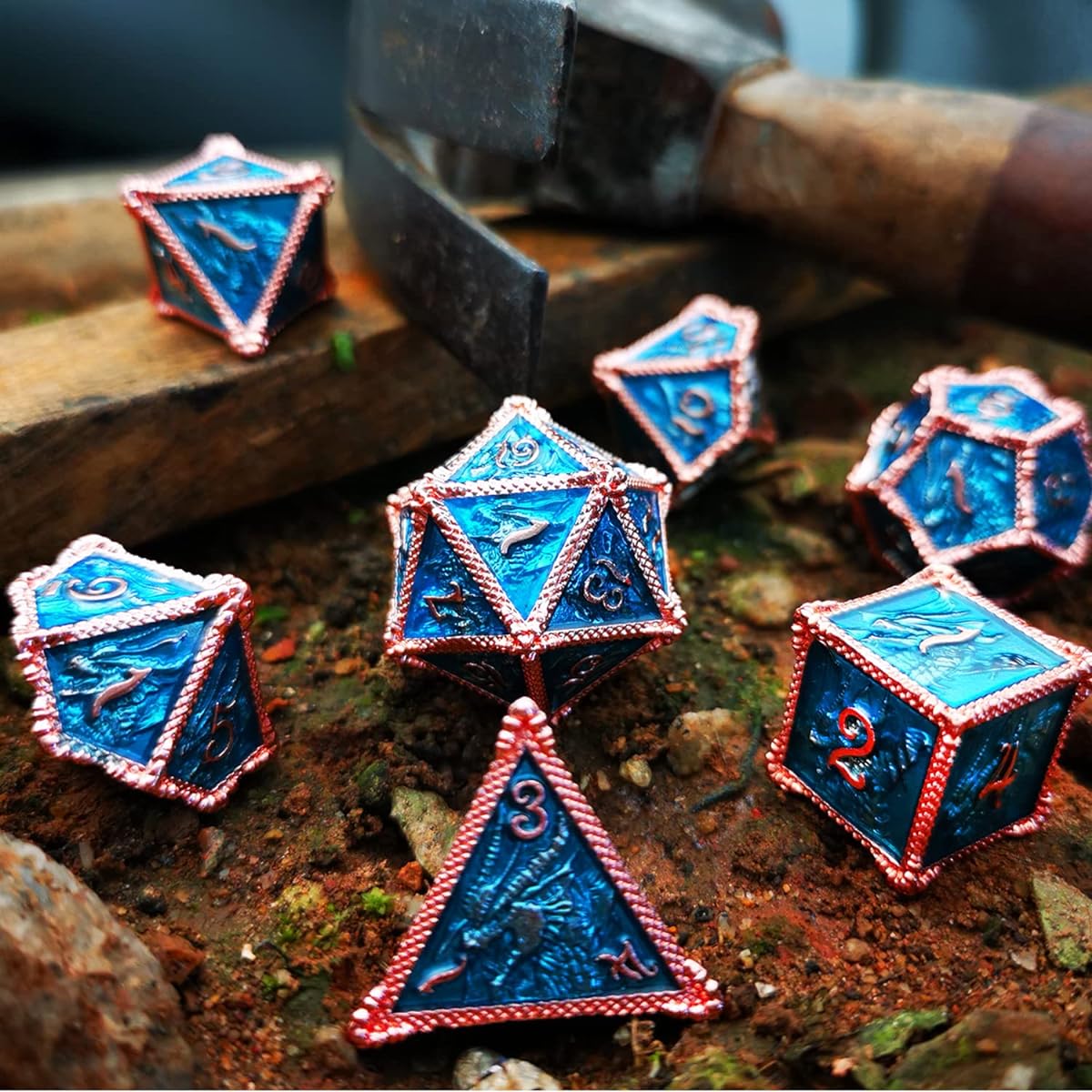 HAOMEJA DND Dice Metal Dragon Set Dice 7 Role Playing Dice D&D Solid Dice Dungeons & Dragons (Red Copper Blue)