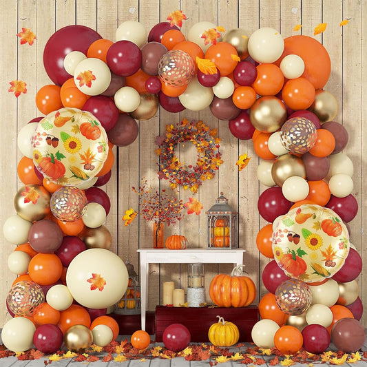 Amandir 180pcs Fall Thanksgiving Balloon Arch Garland Kit for Fall Birthday Party Baby Shower Decorations Orange Burgundy Brown Gold Balloons Maple Leaf Small Pumpkins Fall Party Supplies