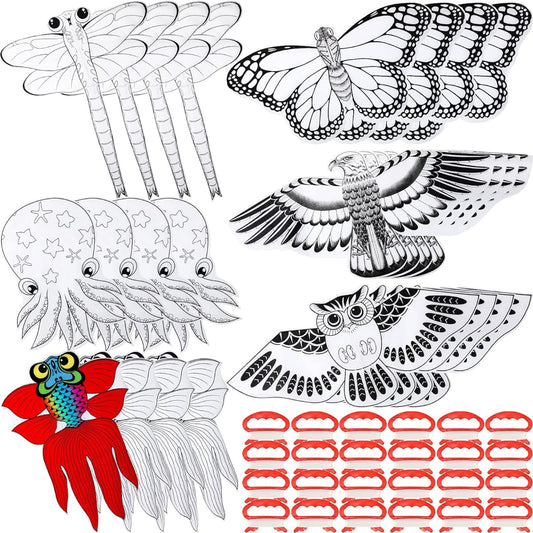 24 Pack DIY Kite for Kids Blank Painting Kite Making Kit Bulk Decoration Coloring Kite Party Pack Easy Flying Kite with Handle and String for Outdoor Activities