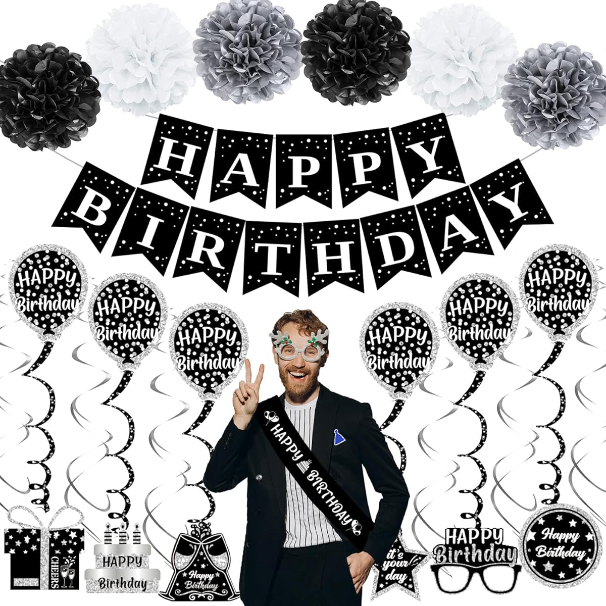 black silver white birthday decoration