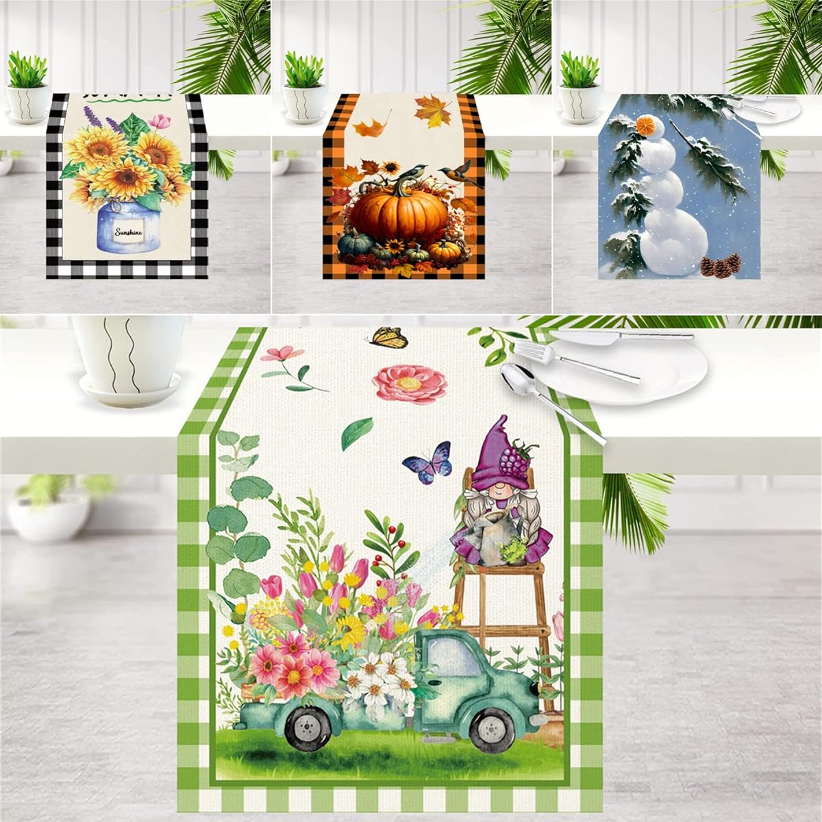 Seasonal Table Runner Hello Spring Summer Fall Winter Table Runner Seasonal Holiday Kitchen Dining Table Decorations for Indoor Outdoor Home Party Decor 13 x 72 Inch
