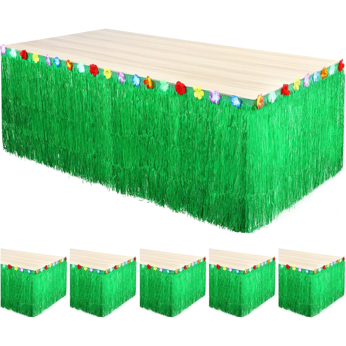 Luau Green Glass Table Skirts of 6 9' x 29'' Hawaiian Luau Tablecloth Raffia Fringe Table Skirt Hawaiian Tropical Party Supplies Tropical Summer BBQ Hula Themed Party Decor