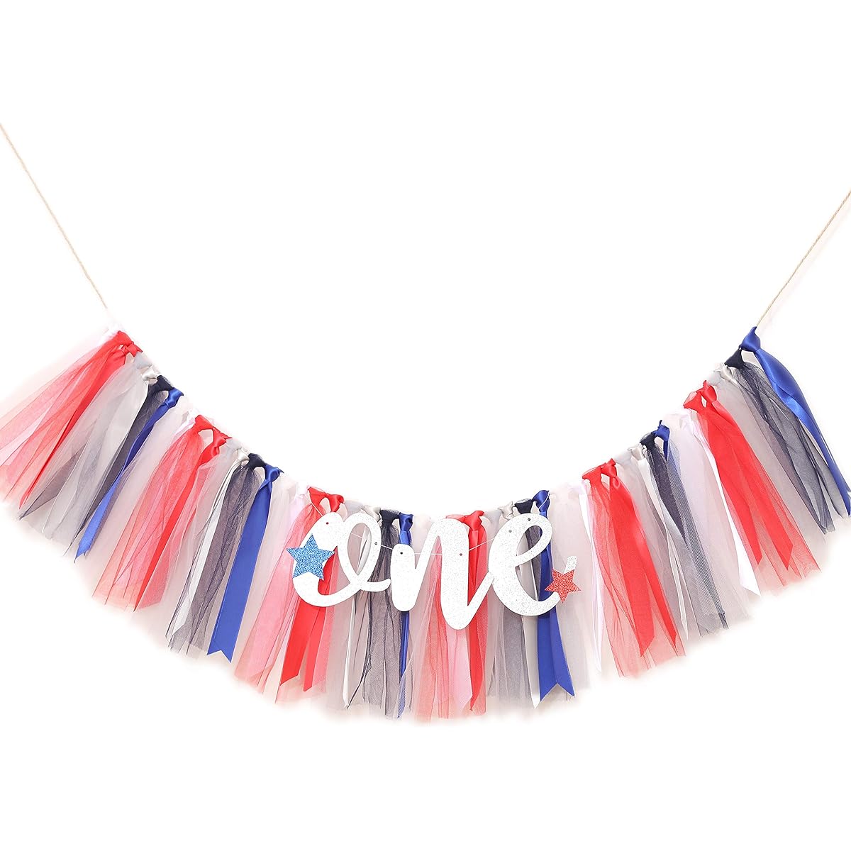 WAOUH Patriotic Star Banner for 1st Birthday - Highchair Banner for First Birthday Decorations, Cake Smash Photo Props, Tulle Garland Banner (Red White and Blue)