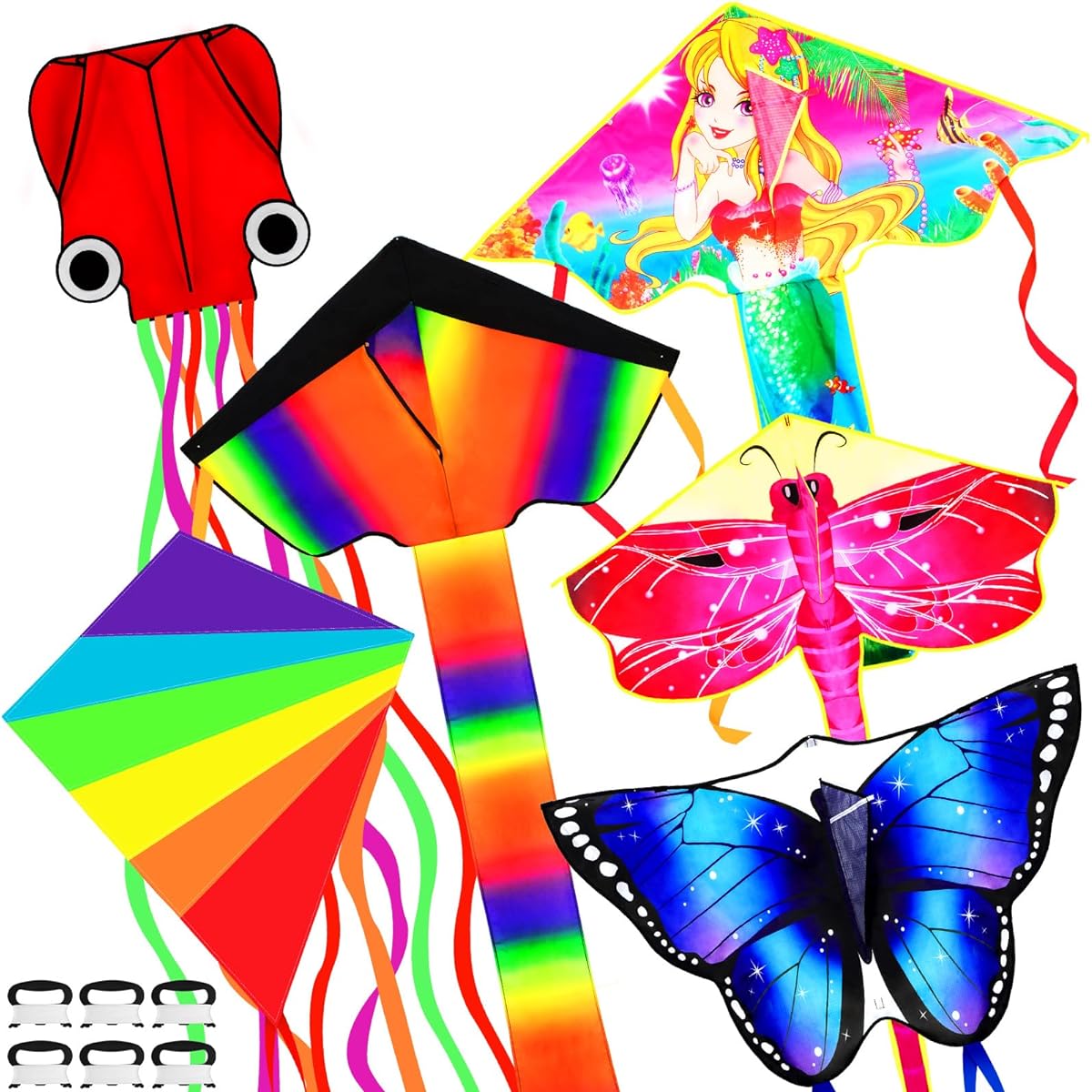 6 Pieces Large Kite for Kids Adults Classic Rainbow Octopus Butterfly Dragonfly Mermaid Kite Easy to Fly 109 Yard Flying Line for Boys Girls Outdoor Games Activities 6 Styles
