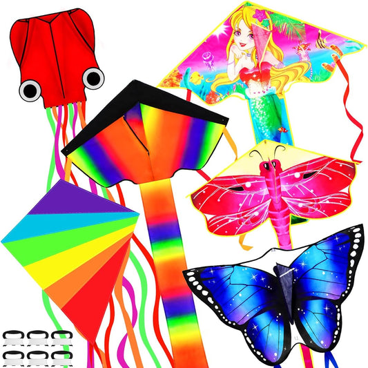 6 Pieces Large Kite for Kids Adults Classic Rainbow Octopus Butterfly Dragonfly Mermaid Kite Easy to Fly 109 Yard Flying Line for Boys Girls Outdoor Games Activities 6 Styles