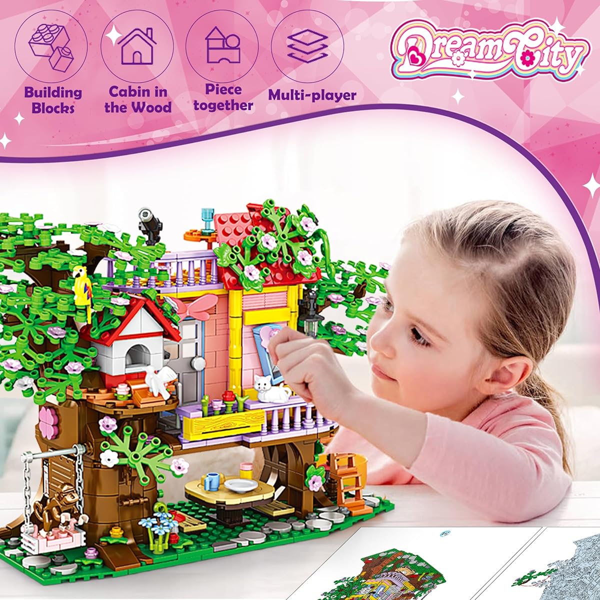 Uniwee Tree House STEM Building Toy 840 Pieces Creative & Sweet Tree House Building Blocks Set Swing Animal Flower Forest House for Girls 6 7 8 9 10 11 12