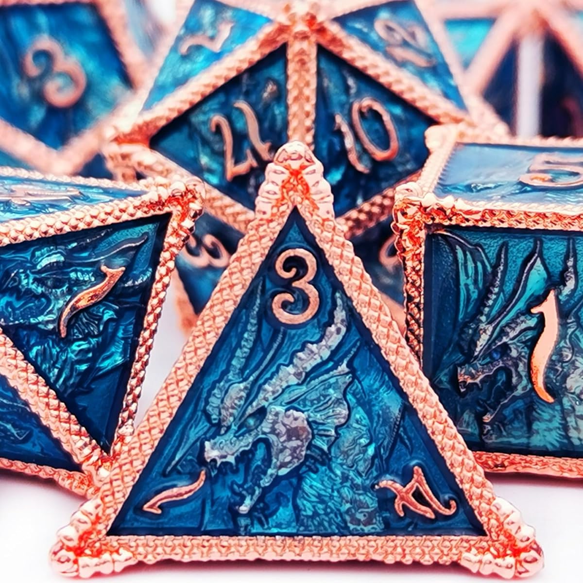 HAOMEJA DND Dice Metal Dragon Set Dice 7 Role Playing Dice D&D Solid Dice Dungeons & Dragons (Red Copper Blue)