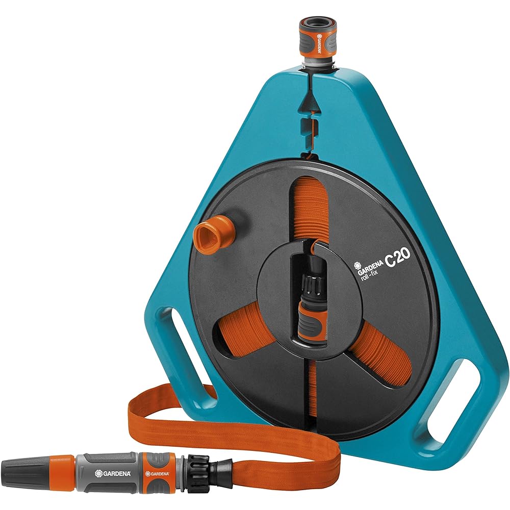 GARDENA Cassette Type Classic Roll-Fix Flat Hose Turquoise/Orange/Gray 20m Total Length 12mm Diameter 757-20
