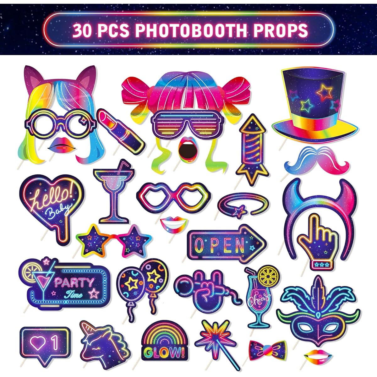 Fluorescent Neon Photo Booth Props with Sticks Neon Glow Party Decorations Glow in the Dark Party Favors Fluorescent Party Supplies Birthday/Rock/Disco/Blacklight 80's/90's/Party Decorations 30 Pieces