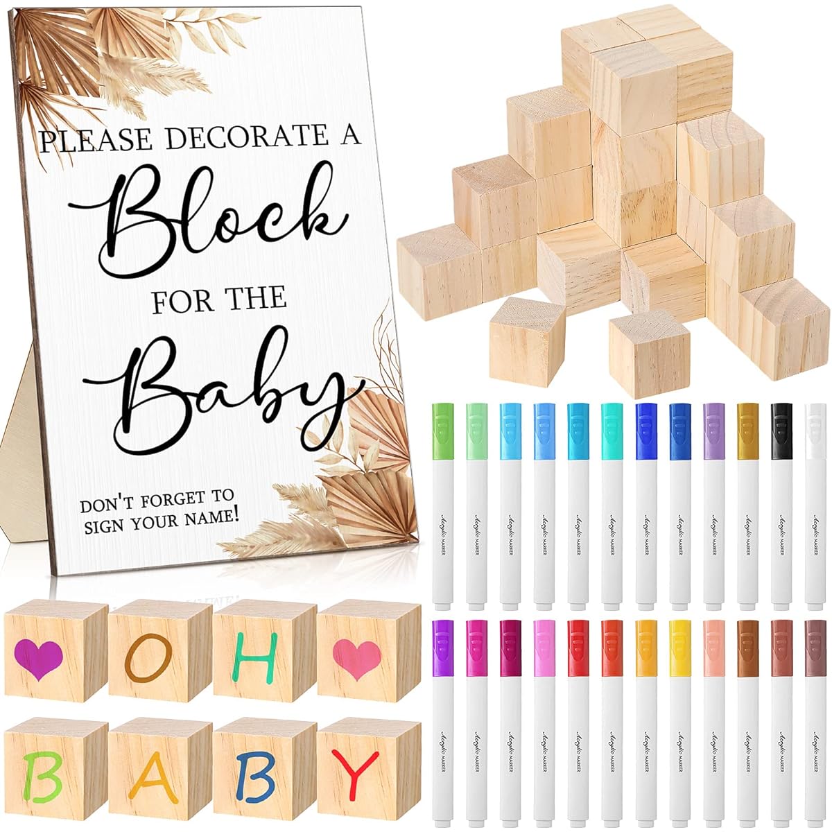 Tatuo Baby Shower Game Sign Kit with Decorative Block Game Signs, 50pcs DIY Blank Wooden Blocks, Acrylic Paint Markers for Baby Shower Prizes and Game Winners for Gender Reveal Party (75pcs)