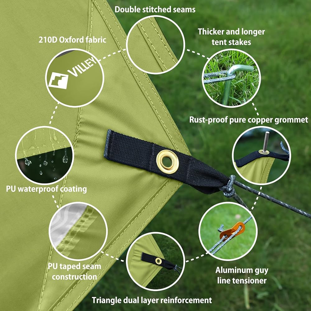 VILLEY Tarp, Camping Tarp, Sun Shelter, Tent Tarp, Awning, 3.5x3m, PU Coating, Flame Retardant Material, UV Protection, Light Blocking, Heat Shielding, Waterproof, Outdoor, Storage Case Included (Green)