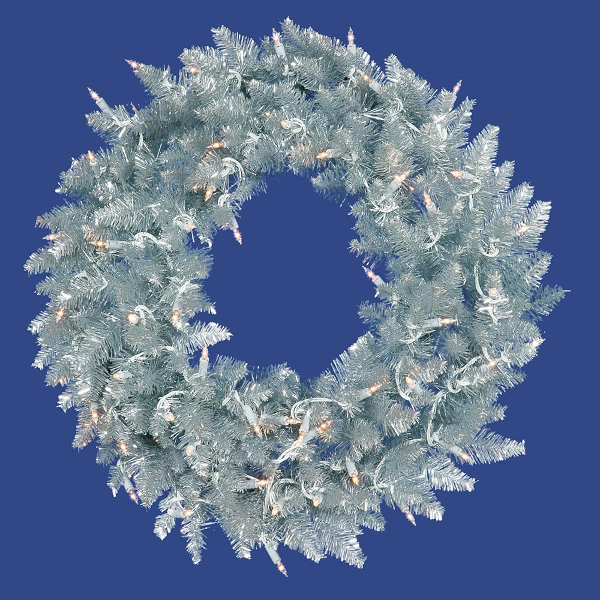 Vickerman K166948LED Wreath 480 Pvc Chips & 150 Dura Lit LED Italian Style Lights on Gray Wire, 48" Warm White/Silver