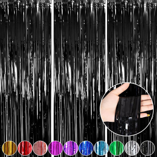 3 Pack 3.3x8.2ft Black Fringe Curtains Party Decoration Tinsel Backdrop Curtains for Birthday Decorations Baby Shower Disco Party Wedding Graduation