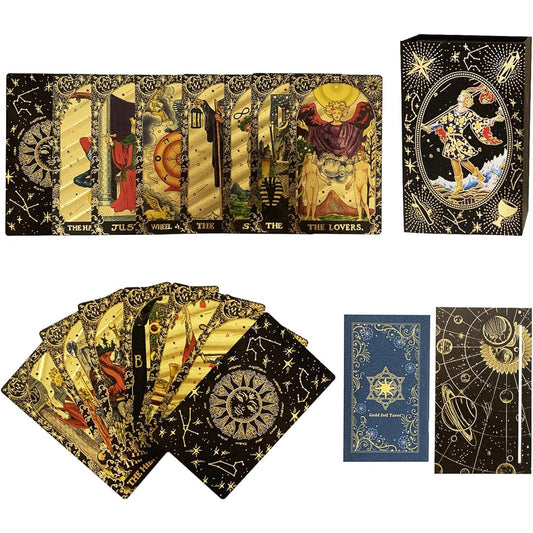 SUNHHX Tarot Cards 78 Pieces Tarot Card Deck PVC Waterproof Anti-Wrinkle Gold Foil Classic Tarot Cards with English Instructions Rectangular Tarot Card Stand for Tarot Beginners and Experts