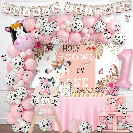 128 Pieces Holy Cow Im One Birthday Decorations for Girl Hombae Cow Moo First Party Decorations Backdrop Balloons Garland Monthly Photo Highchair Banner Cutouts Cake Cupcake Toppers Box Crown Poster Pink
