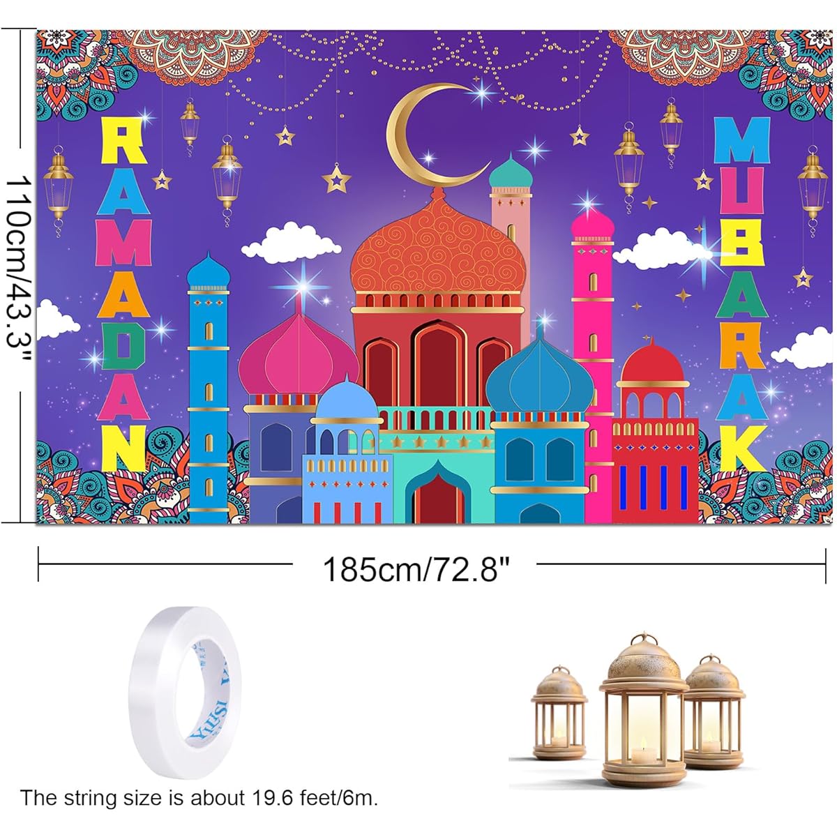 HOWAF Ramadan Mubarak Backdrop Banner Eid Mubarak Party Decoration Background Banner Eid Holiday Party Supplies Purple Ramadan Kareem Supplies Hanging Banner Poster for Photo