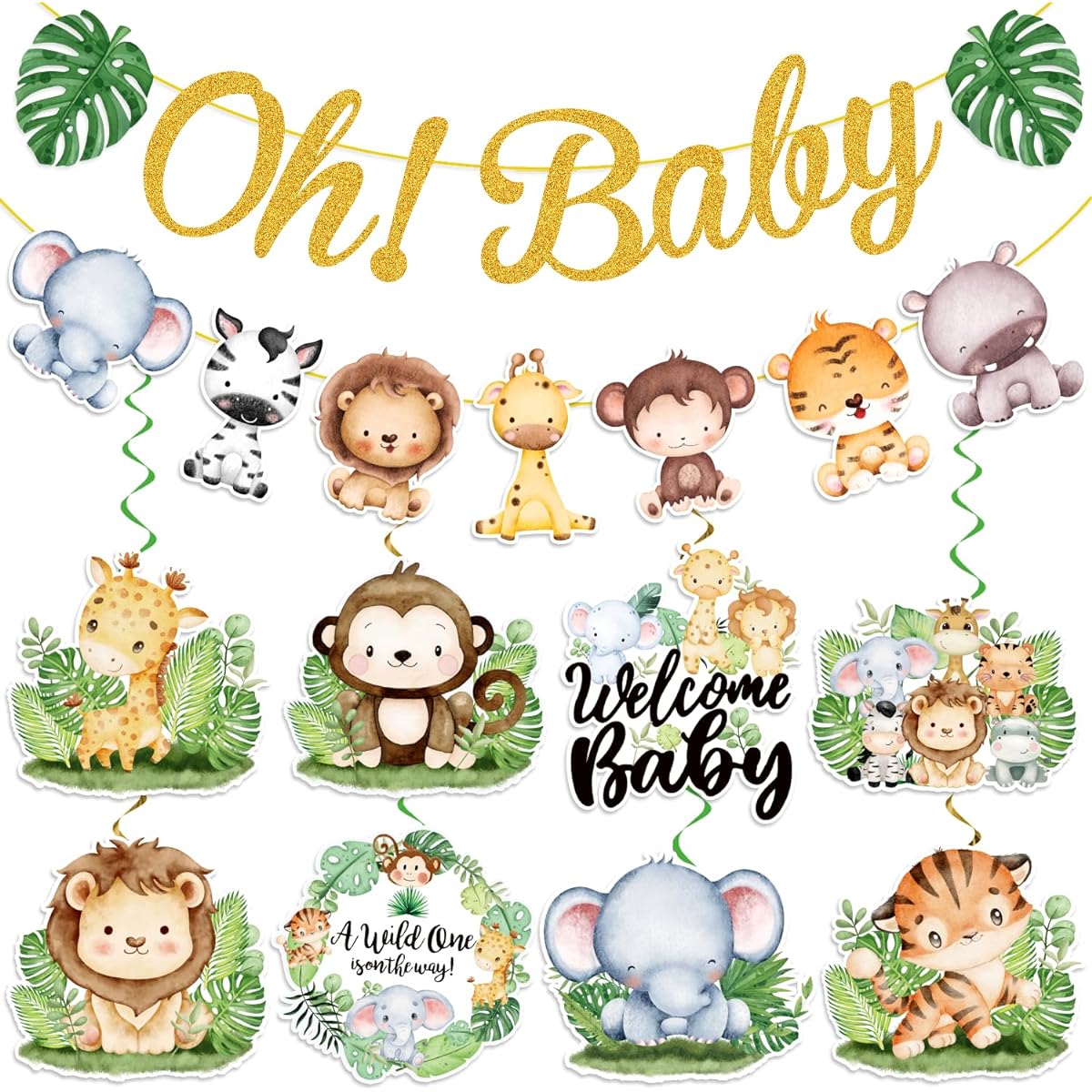 Safari Baby Shower Decorations for Boys NO-DIY Jungle Baby Shower Decorations for Boys with Safari Birthday Banner and Hanging Swirls Animal Baby Shower Decor Jungle Party Decorations