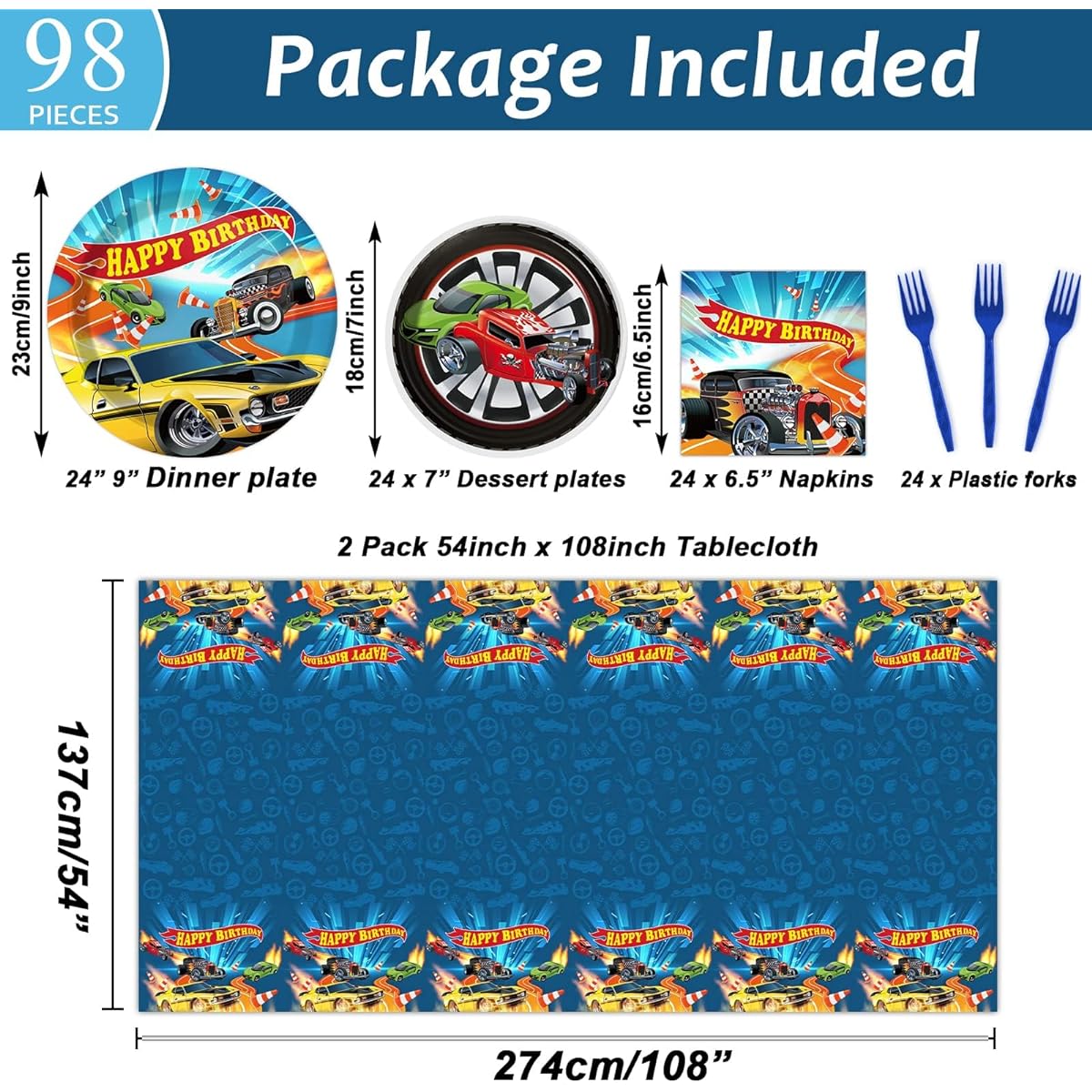 98 Pieces Racing Car Party Decorations Hot Car Tableware Set Racing Car Plates Napkins Table Cloth Party Supplies Kit Kids Boys Race Birthday Table Cover Tableware Party Favors 24 Guests