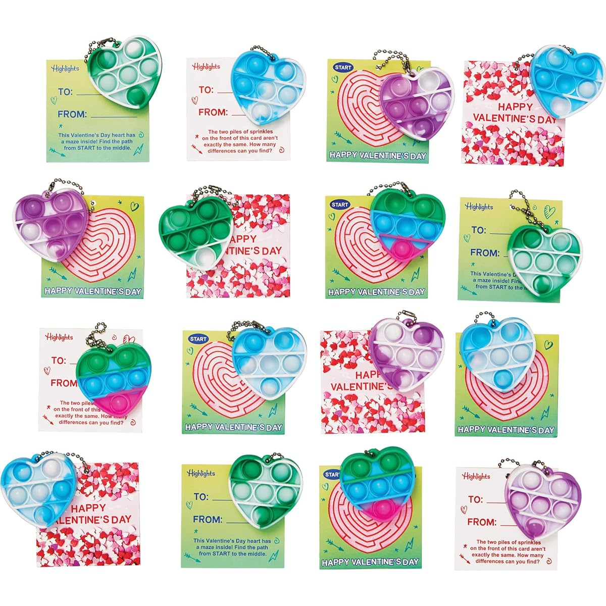 Highlights Pop-It Valentine Cards for Children's Classroom Exchanges - 24 Pack Puzzle Valentine's Day Cards with Heart-Shaped Keychain Fidget Toys