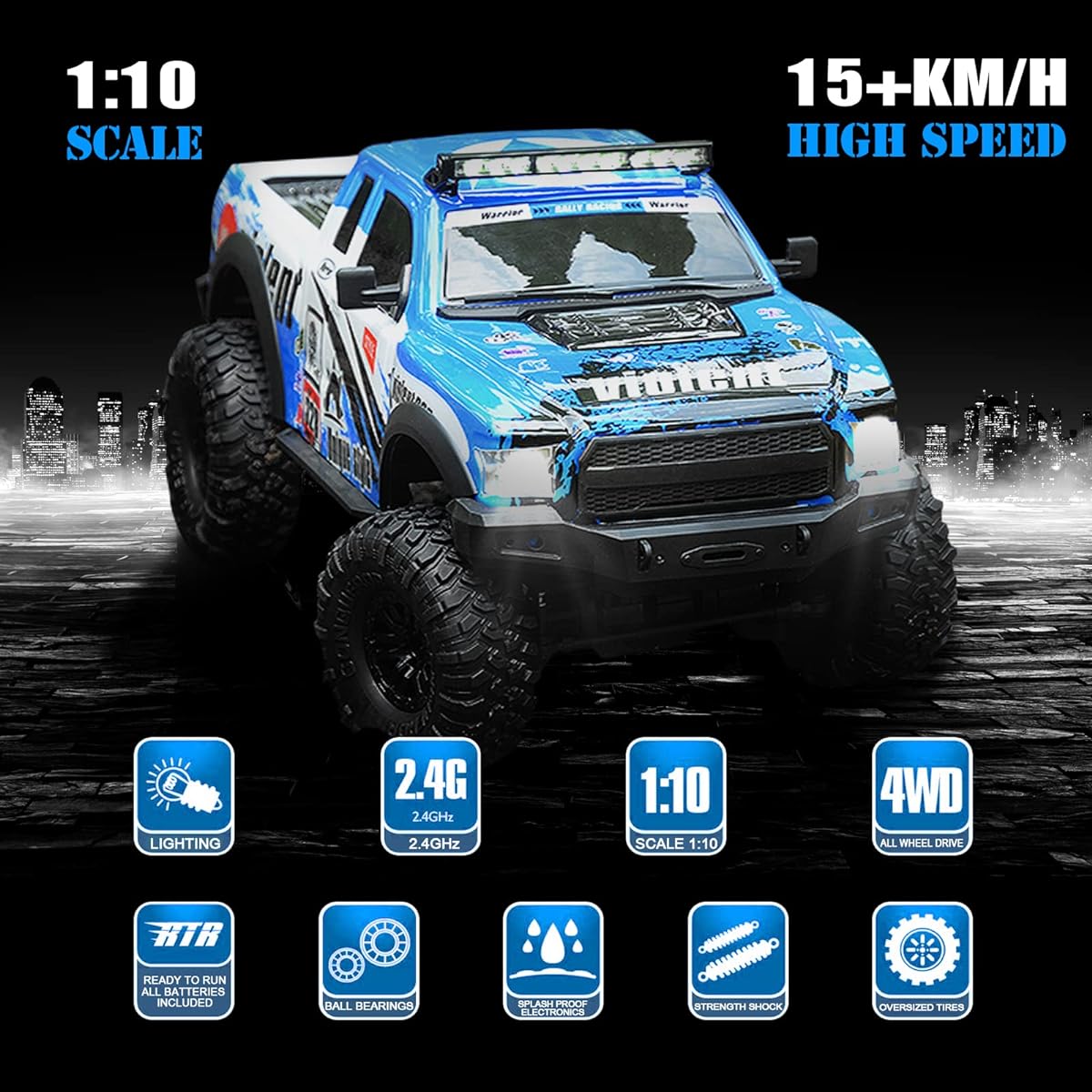 Desdoni RC Car RC Crwaler 1/10 Scale RTR Remote Control Car 4WD 2.4GHz Brushed Off-Road Racing Hobby Grade Model Vehicle with LED Lights 2 Batteries for Kids and Adults