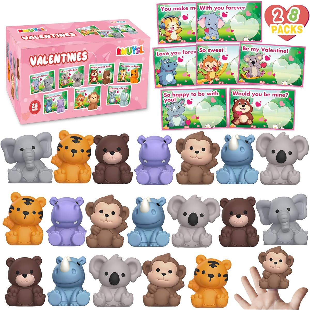 Set of 28 Valentine's Day Cards with Finger Puppets for Kids Valentine Cards for Kids Classroom Valentine's Day Gifts Classroom Exchange Gifts Valentine's Party Favors School Classroom Giveaways