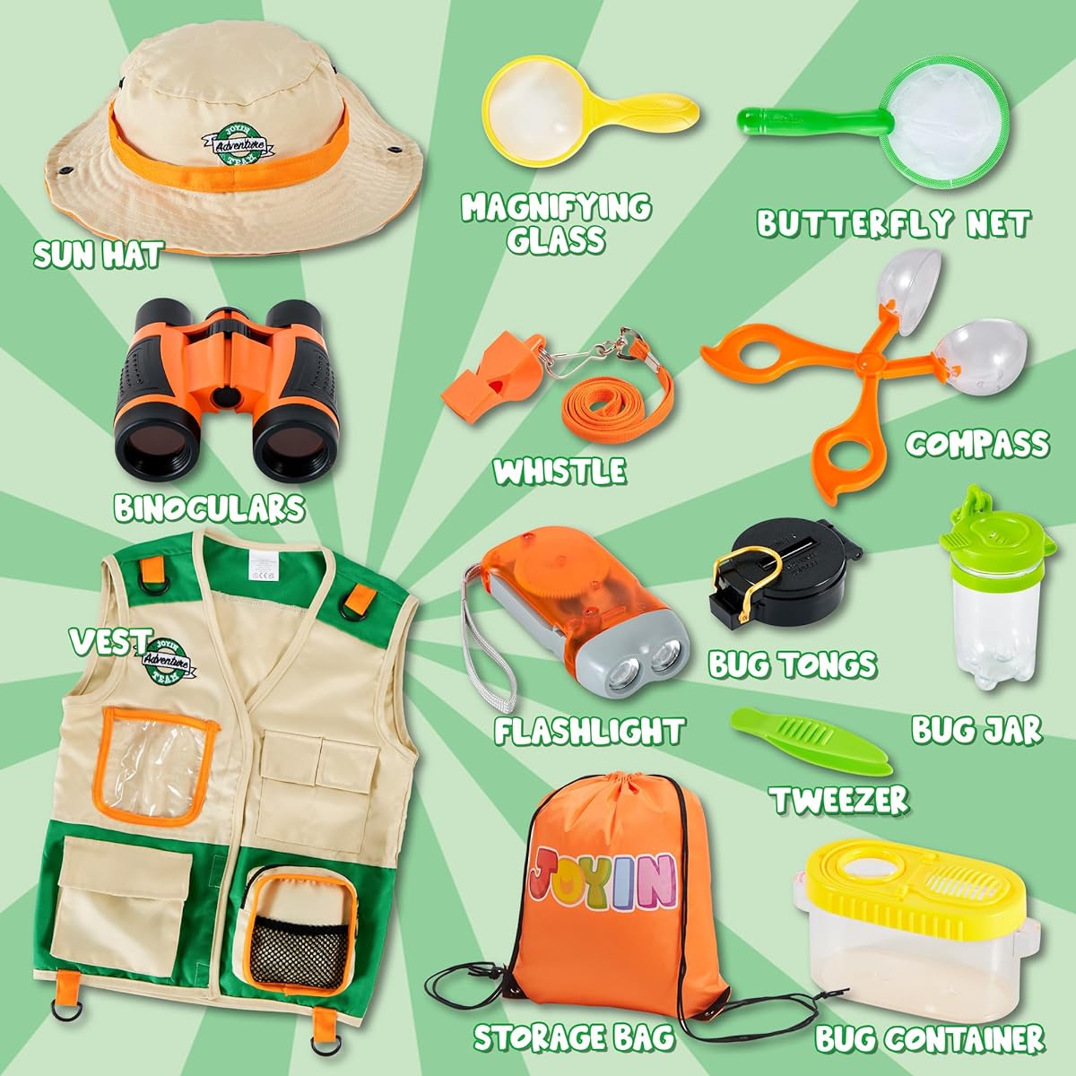 JOYIN Outdoor Explorer Kit Bug Catcher for Kids (Vest, Hat, Flashlight Compass Binoculars, Magnifying Glass, Butterfly Net) Kids Camping Supplies Educational Toys Halloween Birthday Gift for Kids