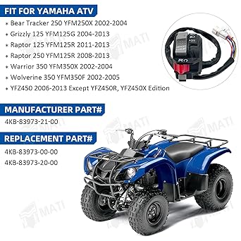 M MATI Left Handlebar Switch Control Engine Start Off Headlight Switch for Yamaha Grizzly 125 YFM125 Raptor 125/250 Wolverine YFM350F Warrior 350 YFM350X Bear Tracker 250 YFM250X 4KB-83973-21-00