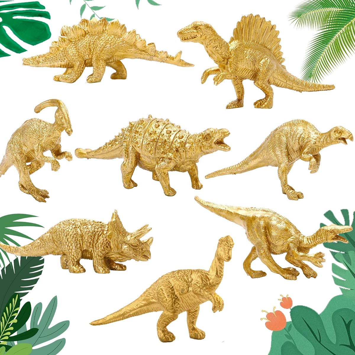 8pcs Gold Plastic Dinosaur Figures Plastic Dinosaurs Velociraptor Triceratops Stegosaurus Brontosaurus for Jungle Animal Theme Birthday Party Baby Shower Decorations