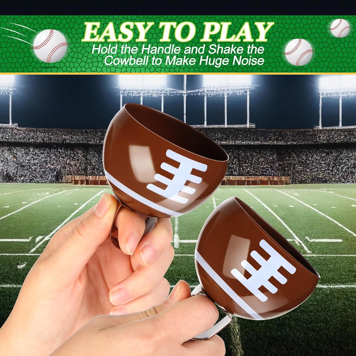 Lukmaa 20 Pack Football Baseball Basketball Soccer Cowbell with Handle 3 Inch Metal Novelty Noise Maker Hand Percussion Cowbell Sports Event Team Spirit Sports Party Favors