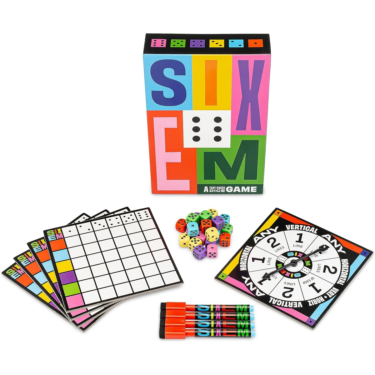 Hootenanny Games Sixem Dice Game - Be the first to get a winning pattern in this family game of speed, strategy, and sabotage. 2-4 people. Recommended for ages 10 and up.