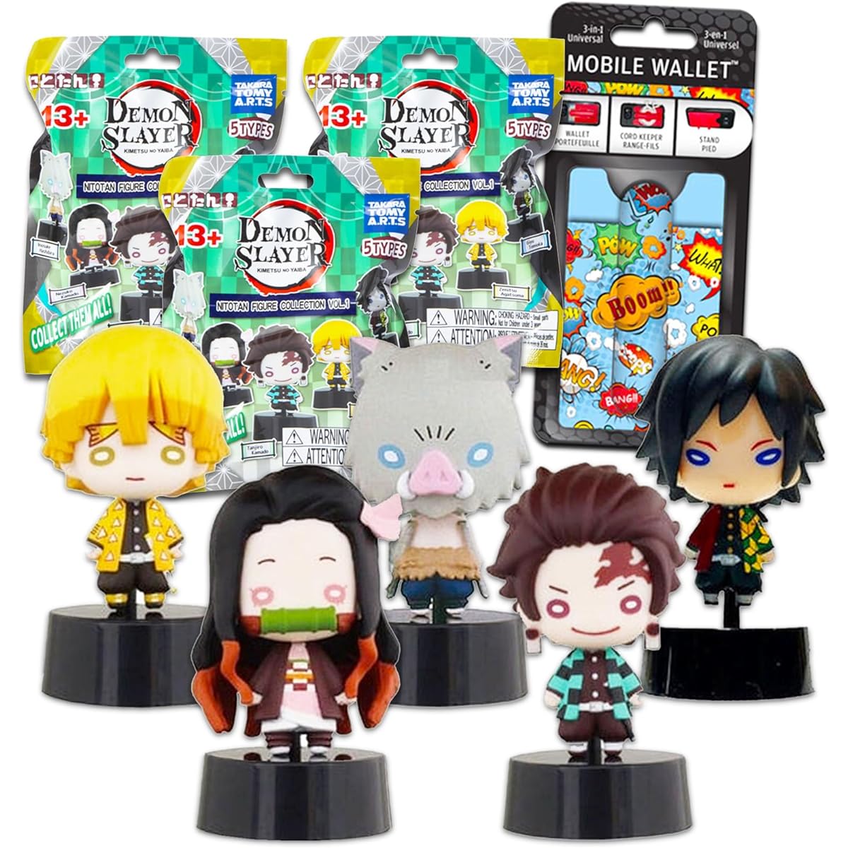 Demon Slayer Blind Bag Party Goods 3-Piece Set: 3 Demon Slayer Nitoutan Mini Mystery Figures + Comic Burst Mobile Wallet + Demon Slayer Figure for Kids