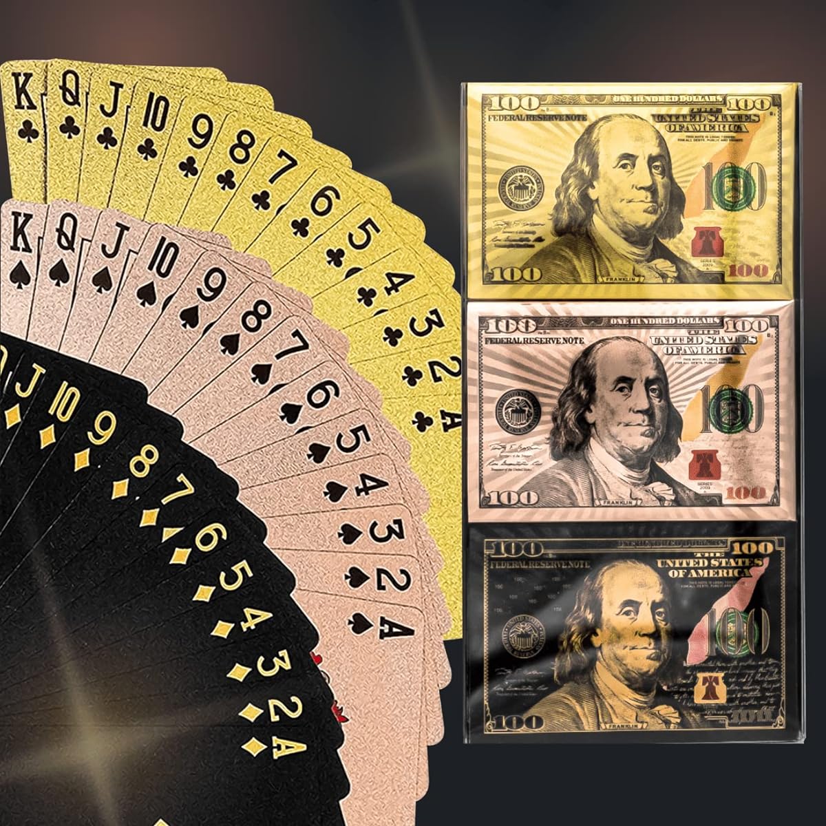 Magic Kiss Waterproof Gold and Silver Foil Poker Playing Cards Deck of Plastic Playing Cards Gift (3 Decks (Gold+Rose Gold+Black))