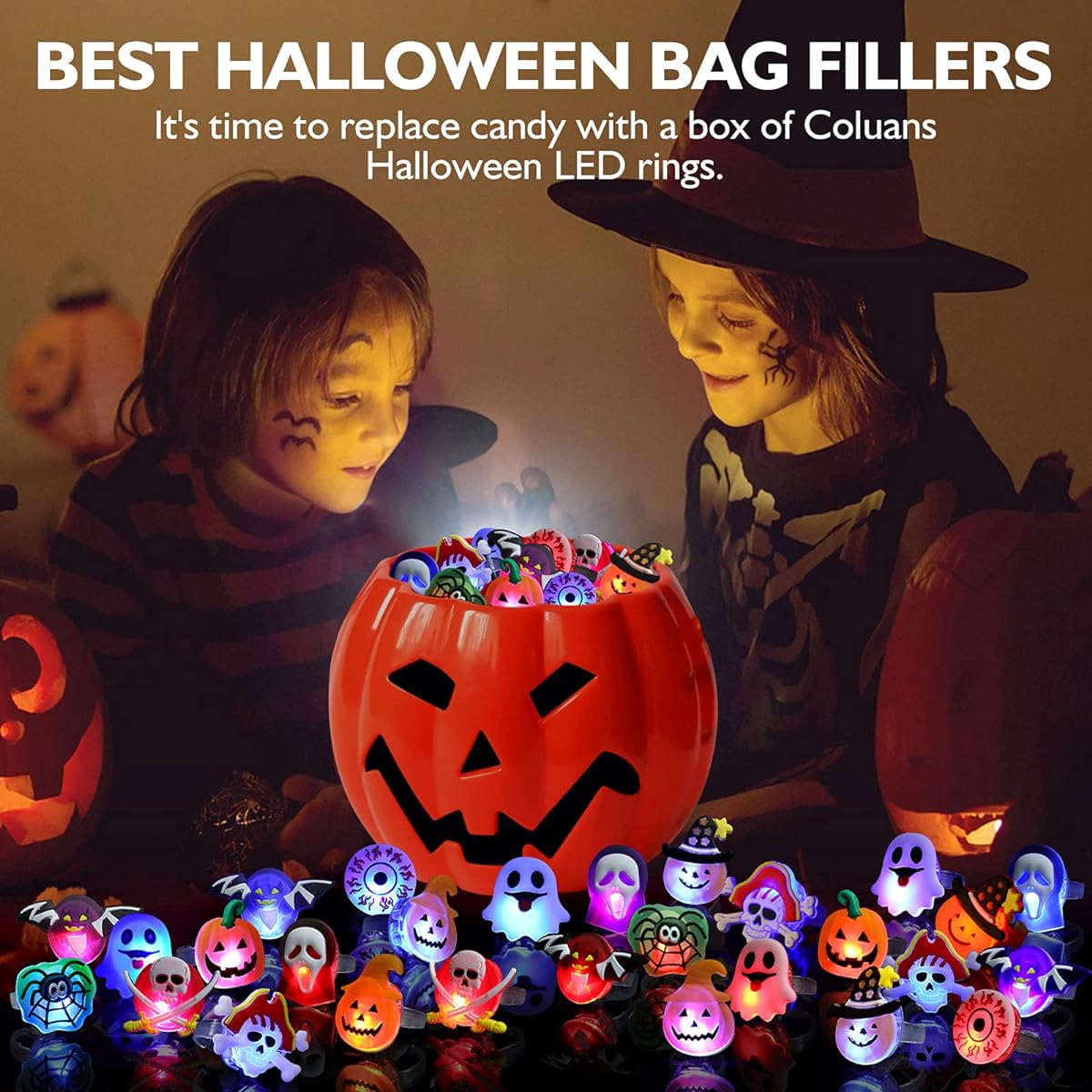 BUDI 50pcs Halloween/Christmas Party Favors Flash Rings for Adults and Kids, Multicolor, 191868027879