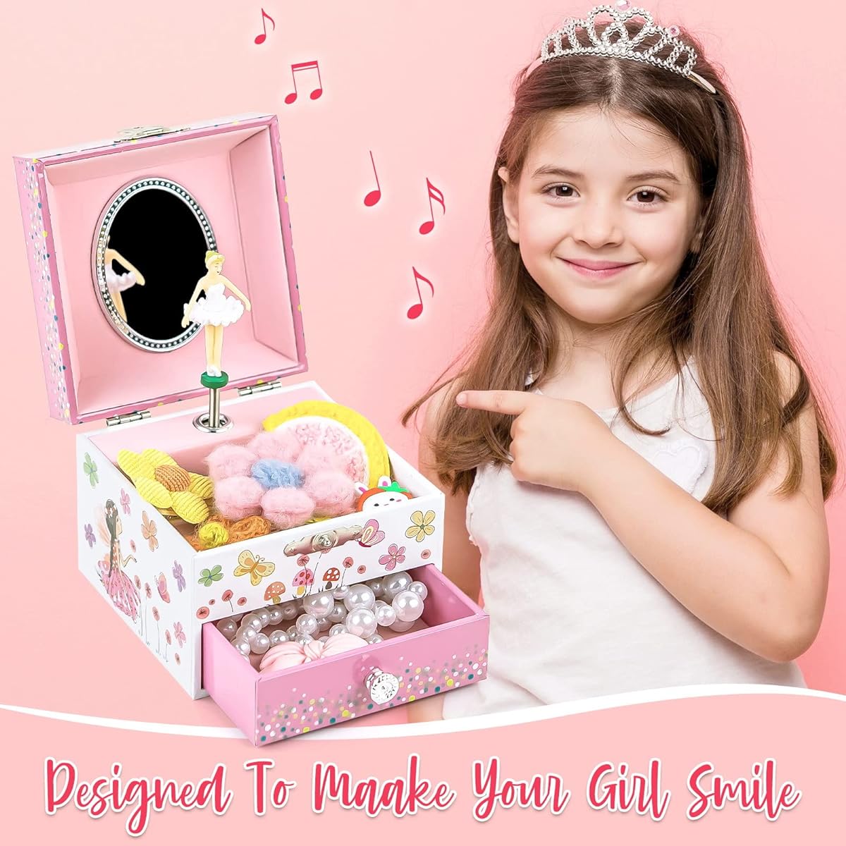 Music Box Jewelry Box for Girls, Spinning Ballerina and Jewelry Set, Flower Fairy and Butterfly Design with Drawer, Perfect Gift for Girls, Beautiful Dreamer Tune