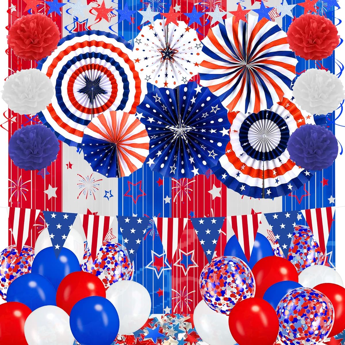 DBKL Patriotic Decorations 4th of July Independence Day Memorial Day Party Supplies Red White Blue USA Stars Foil Fringe Curtains Hanging Paper Fans Swirls Flags Pennants Balloons Pompoms 49pcs