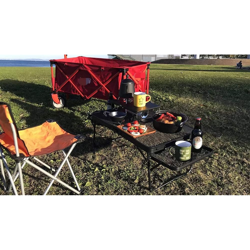 OUTDOORSHIN Iron Mesh Mini Table with Side Table Expandable Bonfire Heat Resistant Table Integrated Folding Desk Lightweight Compact Camping Outdoor