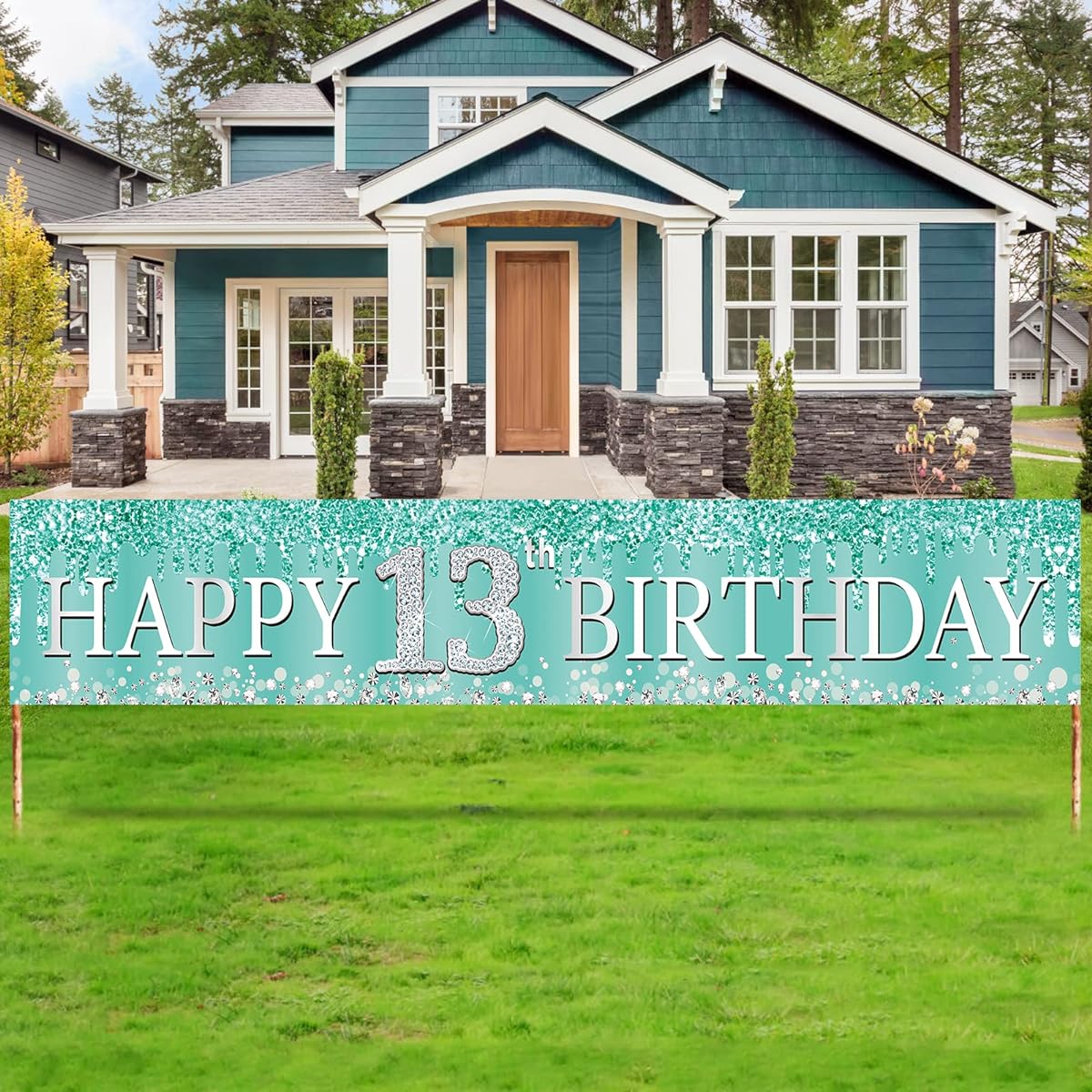 Teal Silver 13th Birthday Banner Decorations for Girls Breakfast Blue Happy 13 Birthday Yard Banner Party Supplies 13th Birthday Sign Decoration Outdoor Indoor (118 x 19.6 inches)