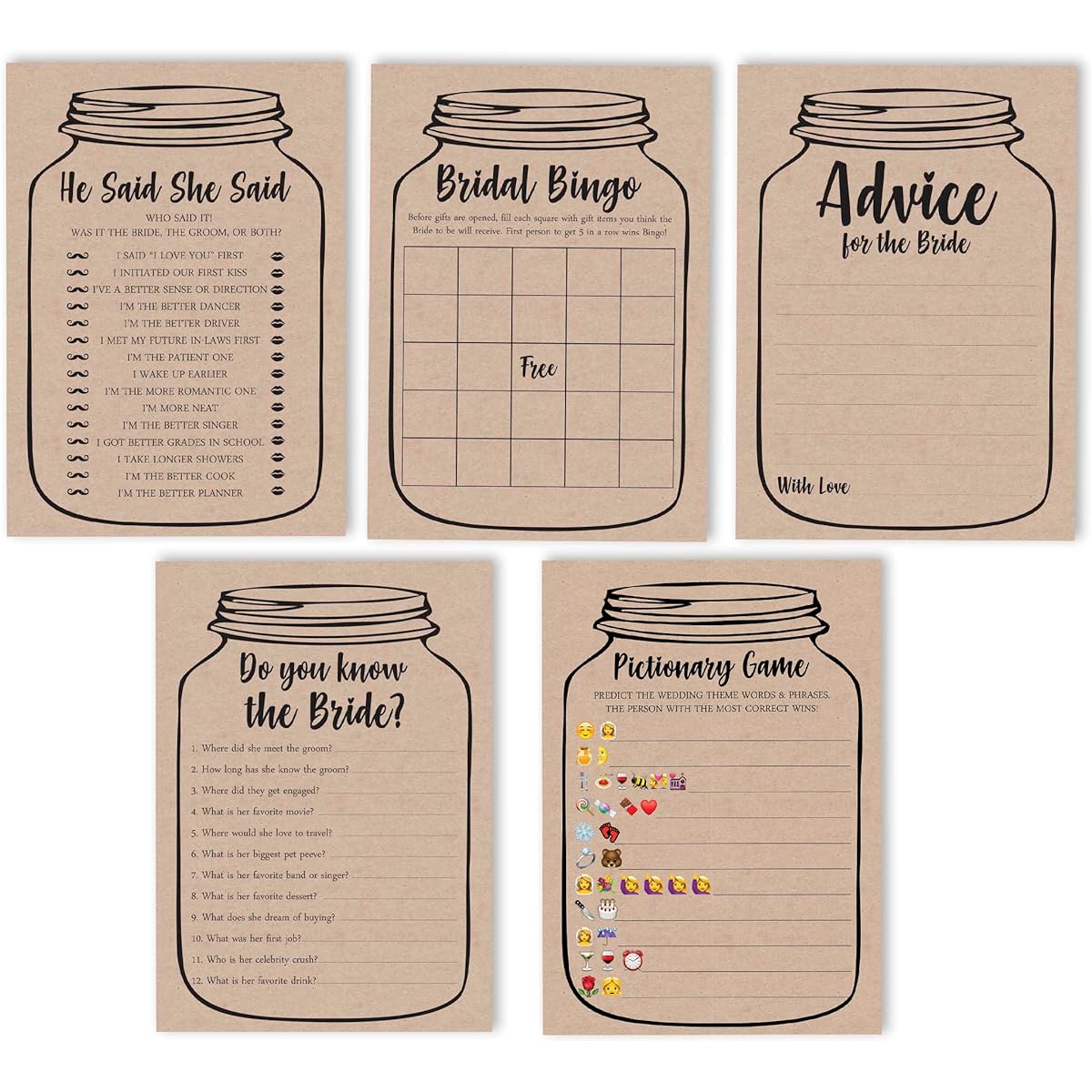 Inkdotpot Bachelorette Party Games Set Bundle Of 5 (Activities for 50 Guests) Rustic Kraft Mason Jar Theme Fun Bridal Shower Games Set