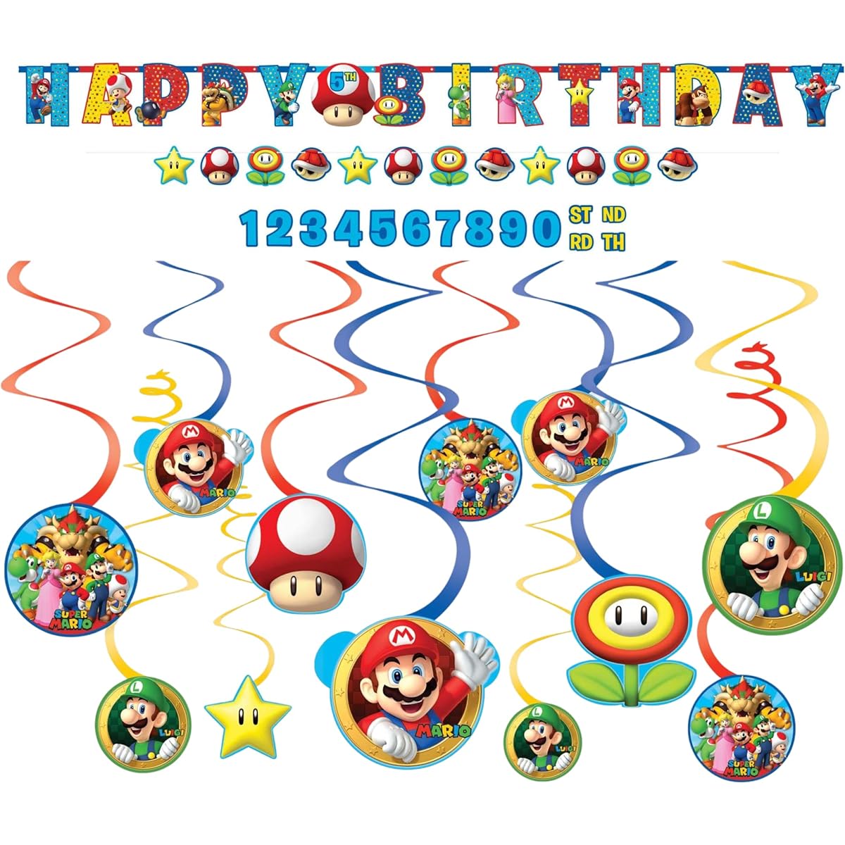 Mario Birthday Party Decorations - 1 Happy Birthday Banner and 12 Hanging Swirls for Boys and Girls Super Mario Bros. Kids Theme Party Decorations Backdrop.