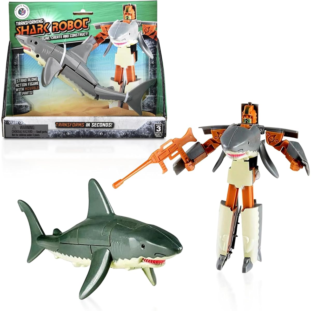 Forest & Twelfth 5" Shark Animal Toy - Transforming Action Figure - Changes from Detailed Animal Toy to Unique Robot Toy in Seconds - Great Gift for Both Girls and Boys (5" Shark)