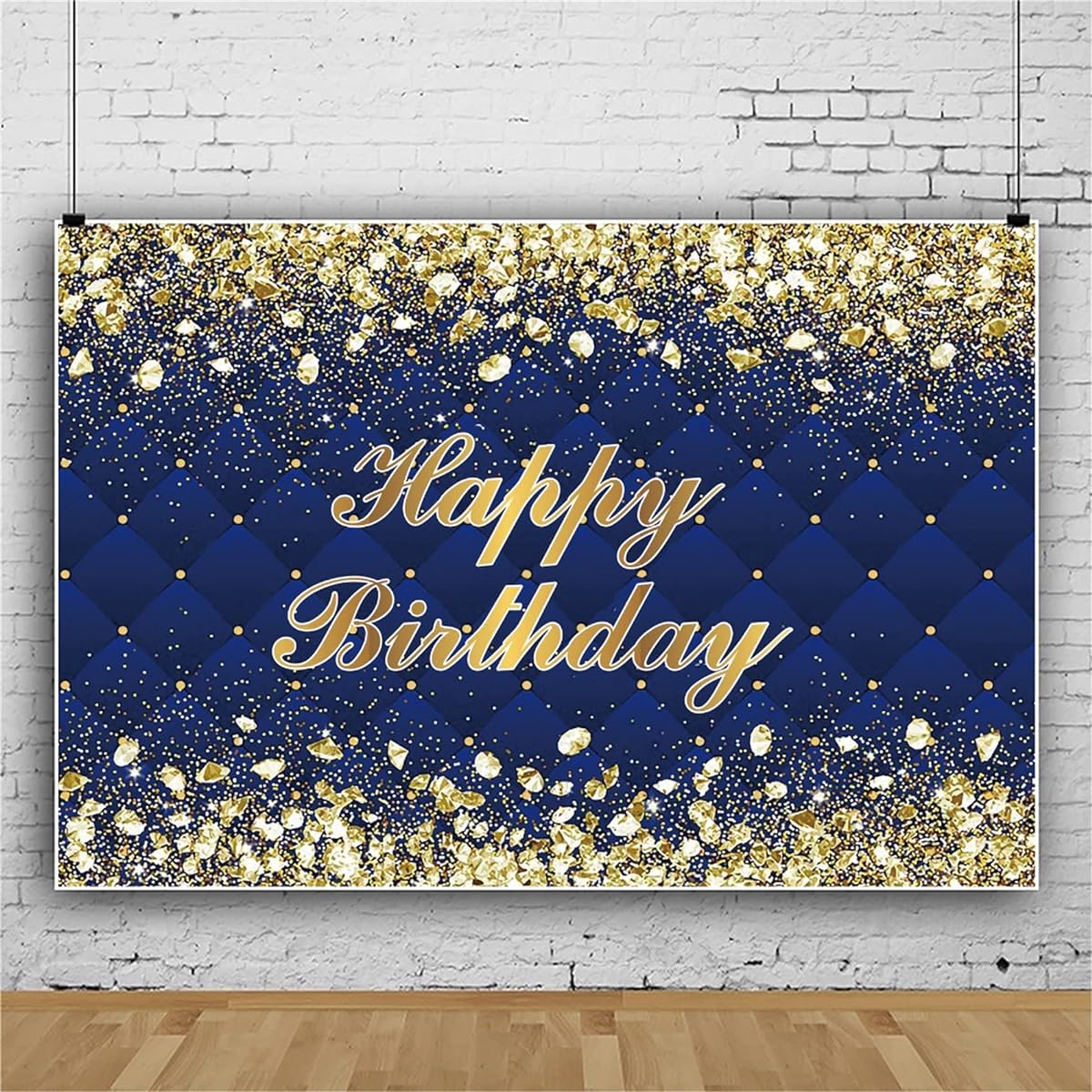 Renaiss 7x5ft Happy Birthday Backdrop Banner Royal Diamond Gold Blue Photography Background for Unisex 30th 40th 50th 60th 70th 80th Birthday Party Decorations, Glittery Navy Birthday Photo Booth Props
