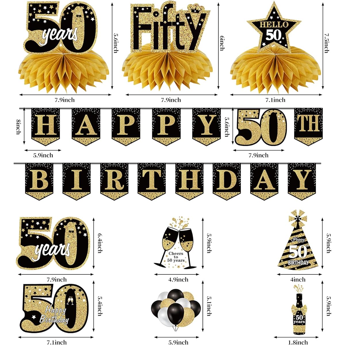50th Birthday Banner Decoration Unisex 10 Pieces Happy 50 Birthday Banner Honeycomb Centerpiece Swirl Kit Black Gold 50th Birthday Banner Ceiling Table Topper Sign Party Supplies Indoor Outdoor